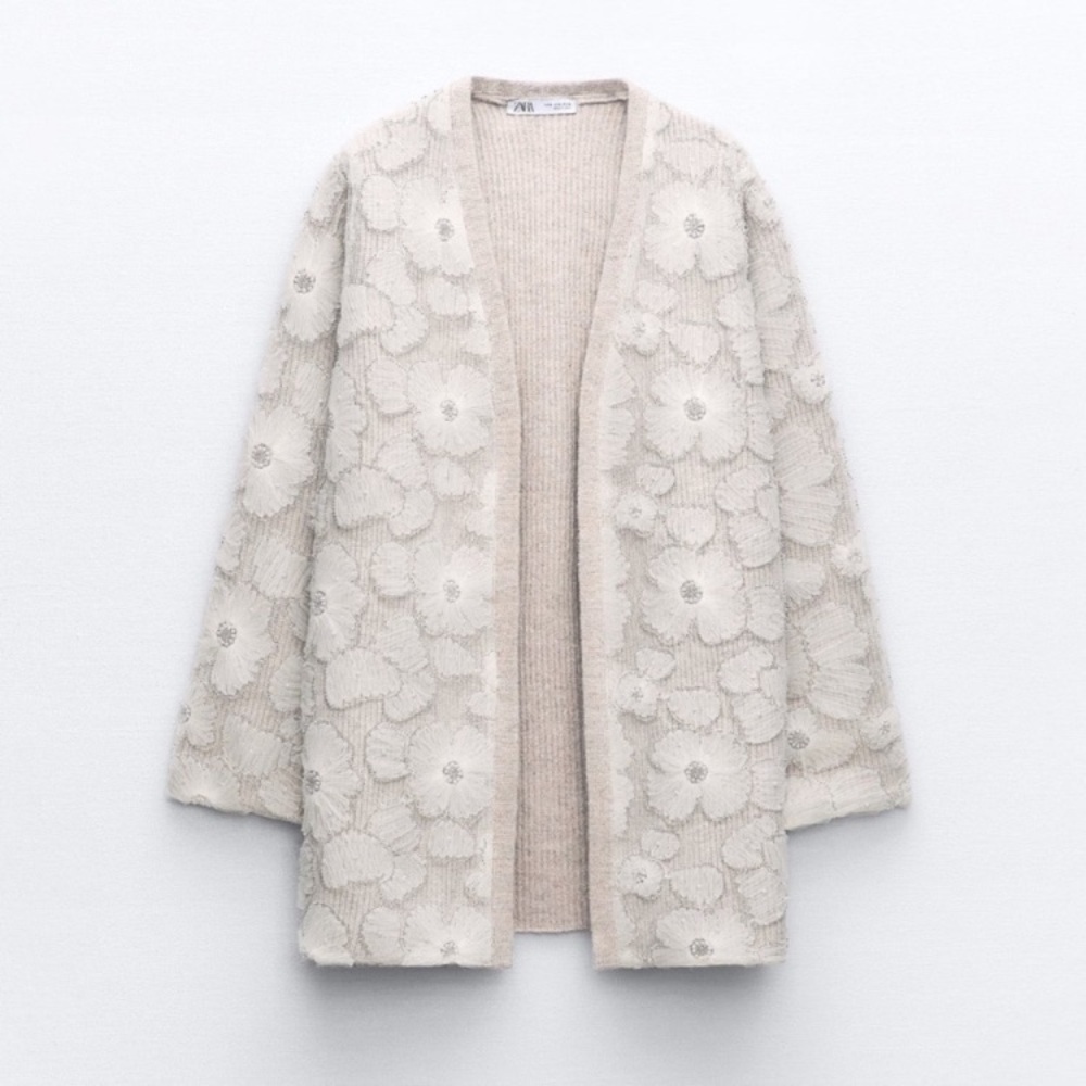 ZARA Tulle Pearl Embellished Floral Open Cardigan Sweater